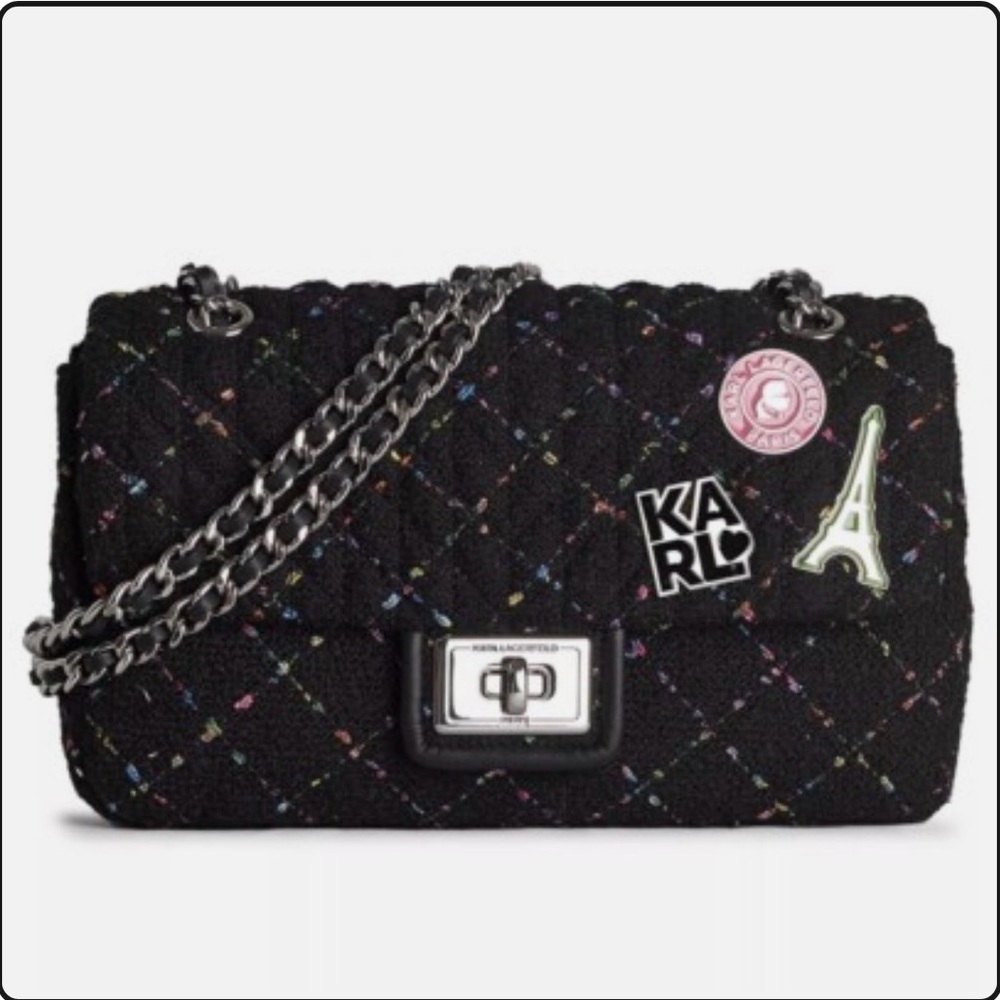 Karl Lagerfeld Black Quilted Shoulder Bag with Colorful Accents